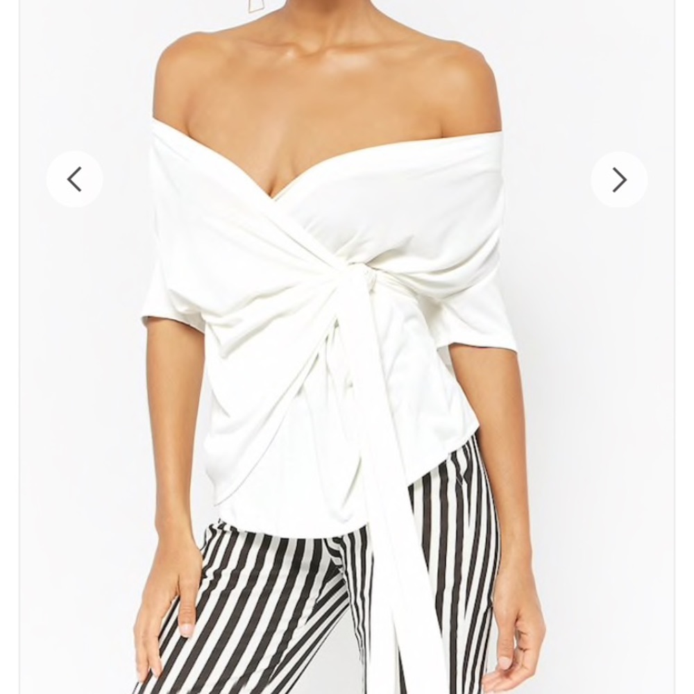 Self tie off the shoulder wrap white top